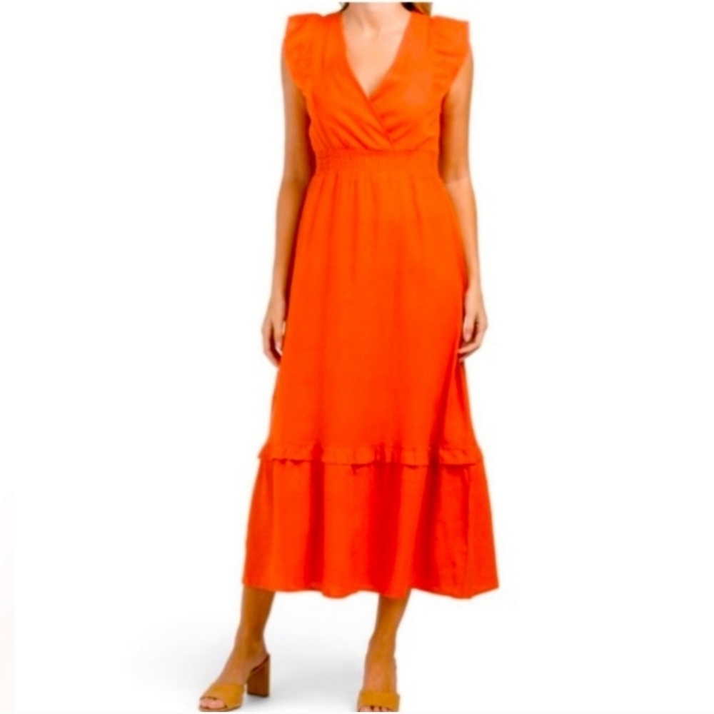 Monteau Orange Linen Blend Tiered Maxi Dress Ruffle Sleeves Size XS